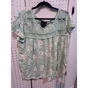 LIV Los‎ Angeles Embroidered Lace Top XL Mint Green Floral Bohemian Blouse